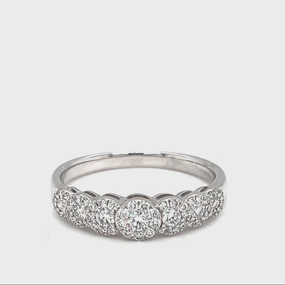 18k White Gold 7 Stone Round Brilliant Diamond Halo Dress Ring