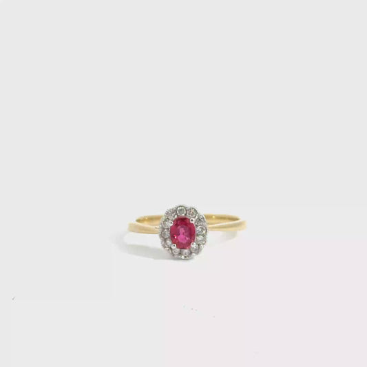 18K Yellow & White Gold Oval Cut Red Ruby Halo Ring