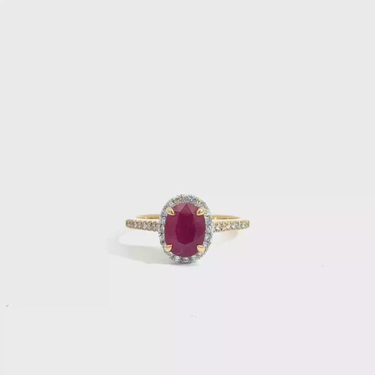 18k Yellow & White Gold Oval Cut Red Ruby Halo Ring
