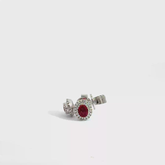 18k White Gold Oval Cut Red Ruby & Diamond Stud Earrings