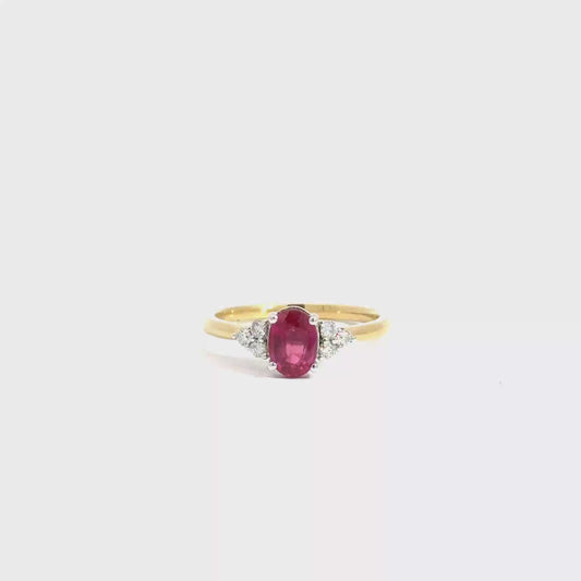 18k Yellow Gold & Platinum Oval Cut Red Ruby Trilogy Ring